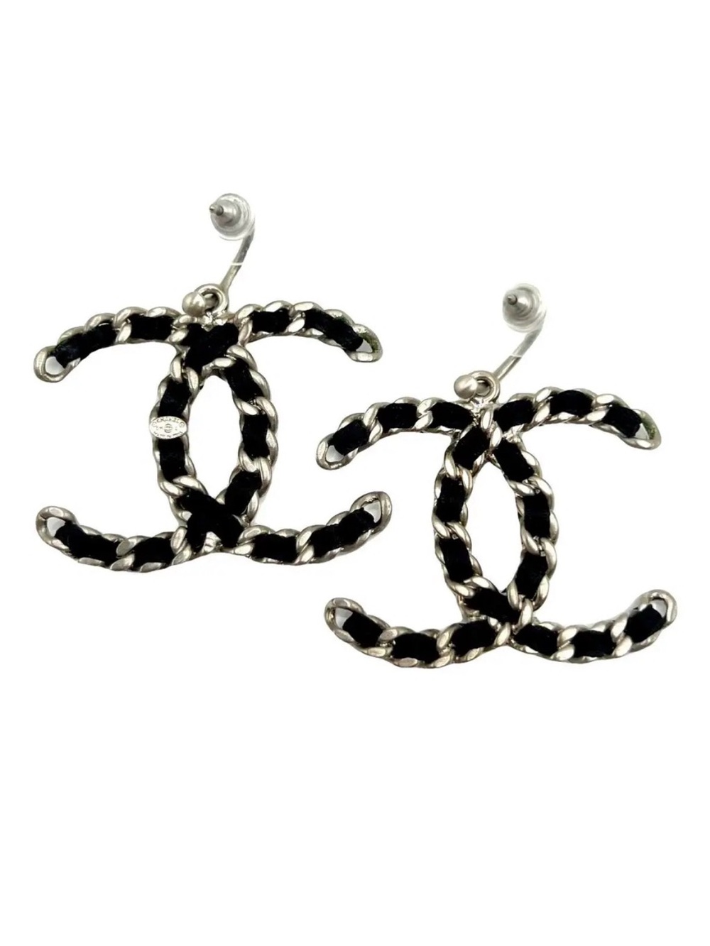 CHANEL Black & Silver Intertwined Double-C Logo Drop Earrings